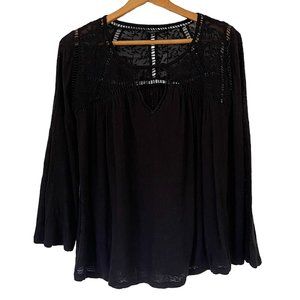 {Lucky Brand} Black Long Sleeve Shirt with Flare Sleeves and Lace Design - M